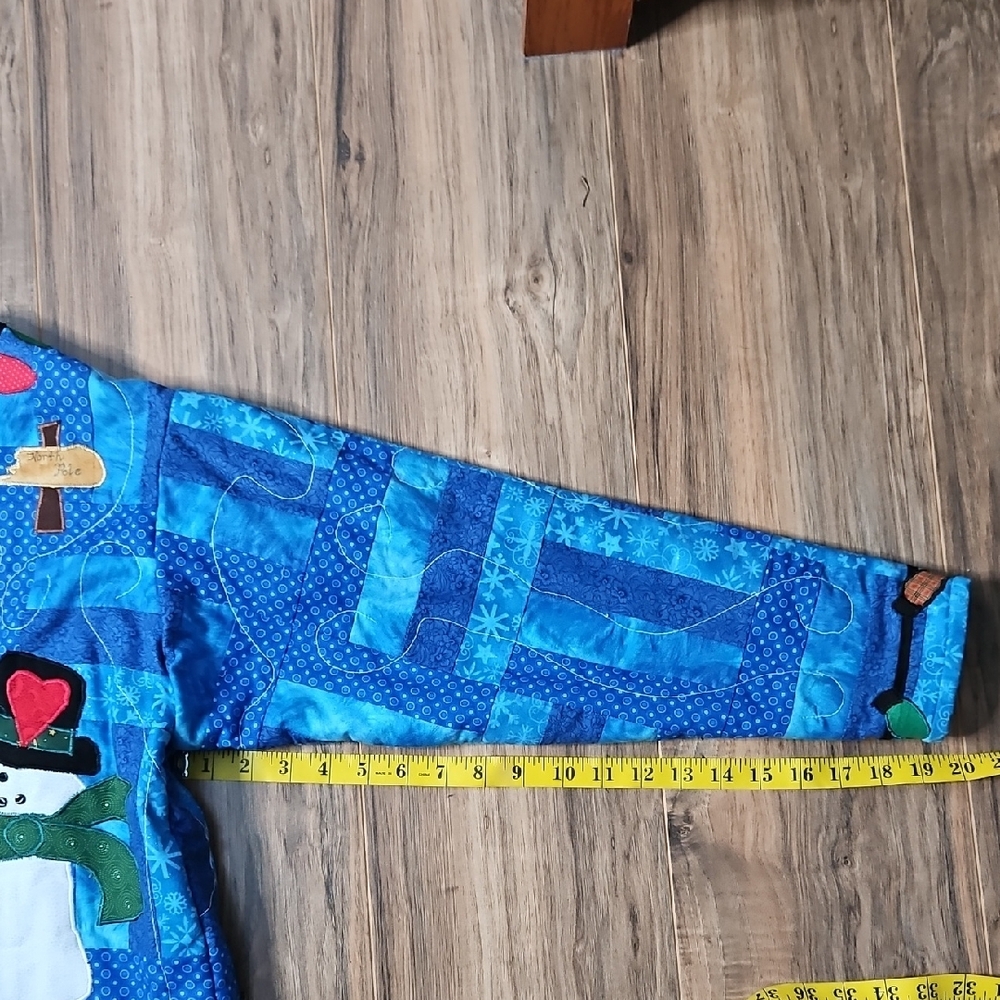 Hand Crafted Blue Women’s Patchwork Quilted Jacket with Snowman Design M/L - Picture 9 of 11